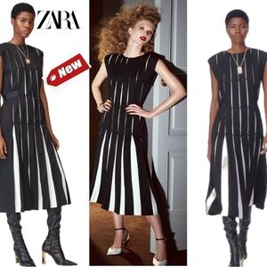 ZARA BLACK WHITE WOOL BLEND BOX PLEAT DRESS SPECIAL LIMITED EDITION Sz M NWT